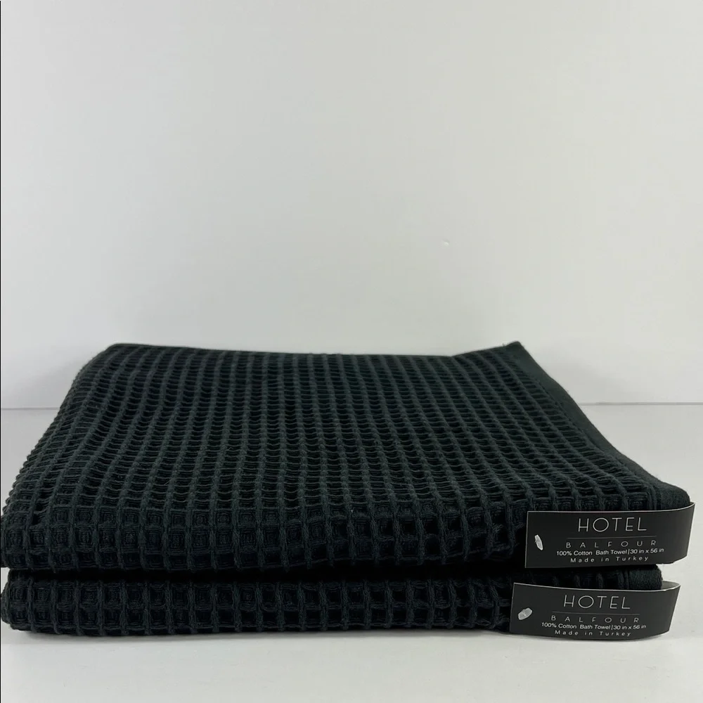 2 Hotel Balfour Bath Towel Set Black Waffle Knit Lightweight Turkish Cotton NEW